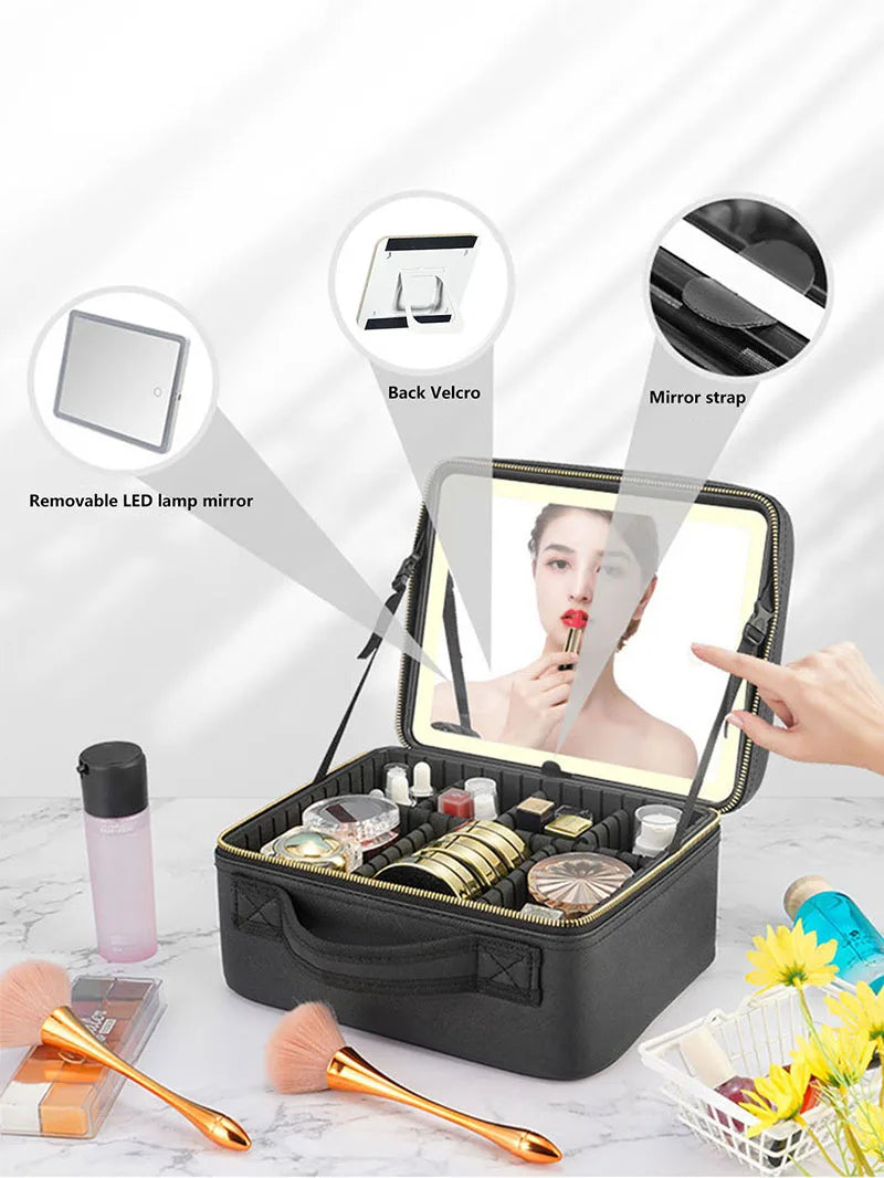 Trousse à cosmétiques intelligente LED avec miroir, trousse de maquillage de voyage, grande capacité, produit de soins de la peau pour esthéticienne féminine, étui de maquillage pour femmes