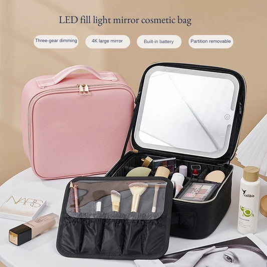Trousse à cosmétiques LED avec lumières et miroir, grande capacité, sensation de qualité supérieure, trousse de maquillage de luxe