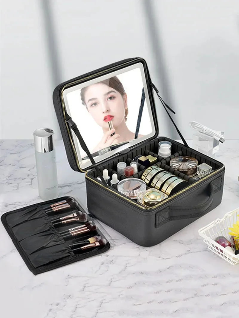 Trousse à cosmétiques intelligente LED avec miroir, trousse de maquillage de voyage, grande capacité, produit de soins de la peau pour esthéticienne féminine, étui de maquillage pour femmes