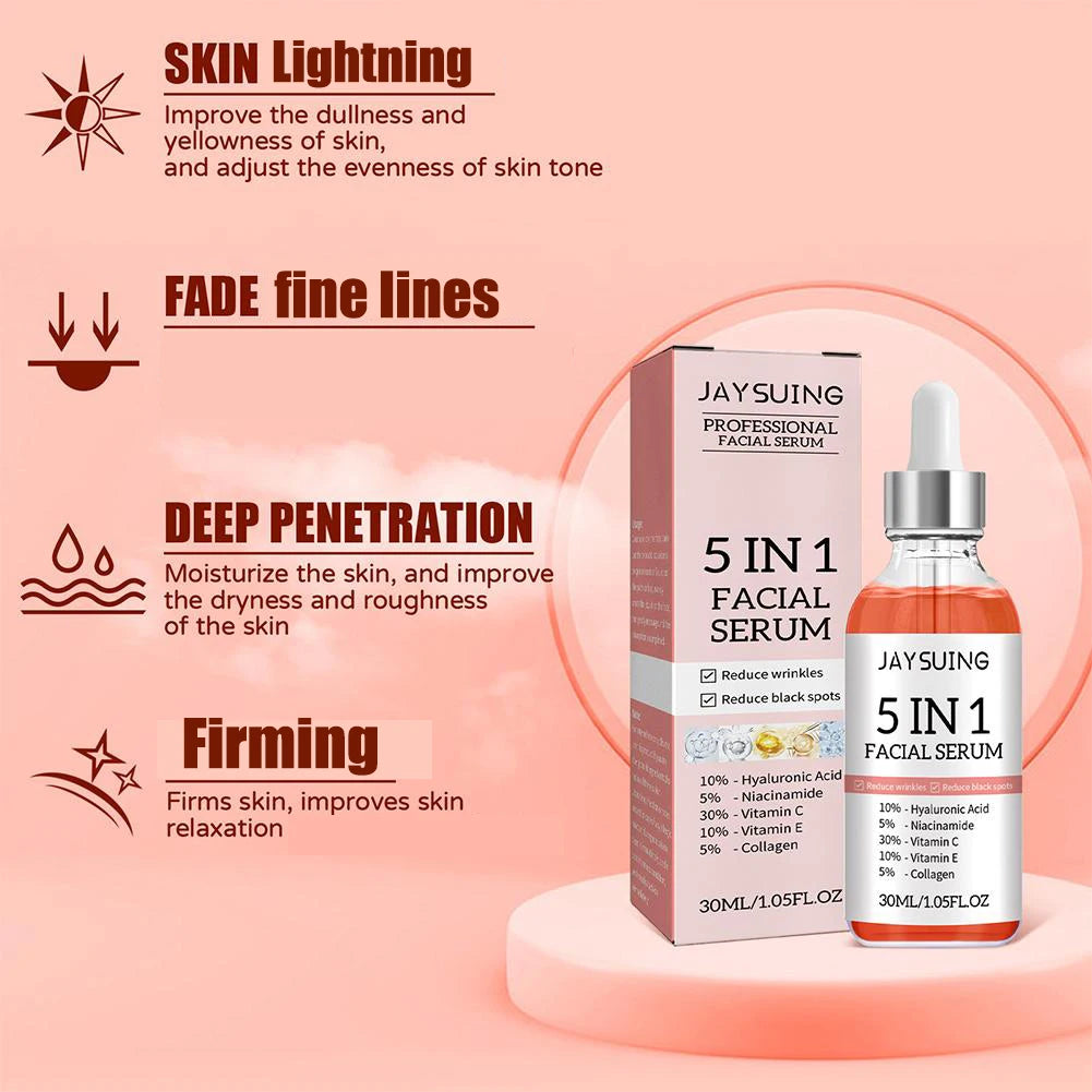 Sérum pour le visage raffermissant 5 en 1, estompe les ridules, hydratant, éclaircissant, vitamine C, acide hyaluronique, rétrécit les Pores, soins pour la peau