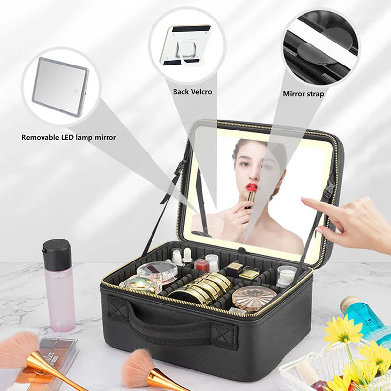 Trousse à cosmétiques intelligente LED avec miroir, trousse de maquillage de voyage, grande capacité, produit de soins de la peau pour esthéticienne féminine, étui de maquillage pour femmes