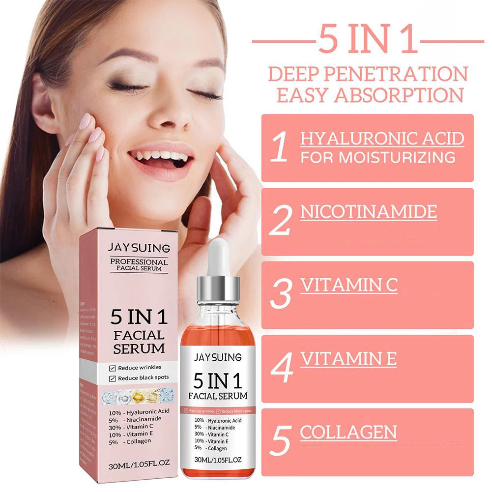 Sérum pour le visage raffermissant 5 en 1, estompe les ridules, hydratant, éclaircissant, vitamine C, acide hyaluronique, rétrécit les Pores, soins pour la peau